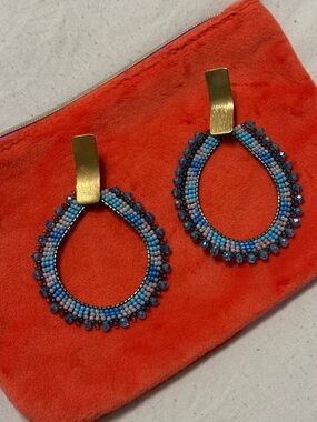 Gold-Top Blue Beaded Teardrop Statement Earrings
